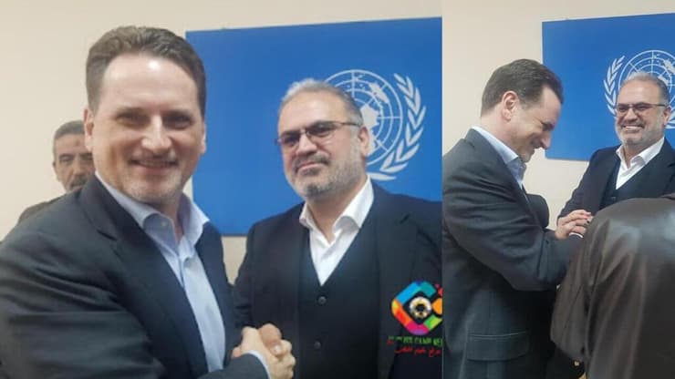 הנציב הכללי של אונר"א לשעבר פייר קרהנבול ואיימן שנה, ראש היחסים הלאומיים של חמאס בלבנון