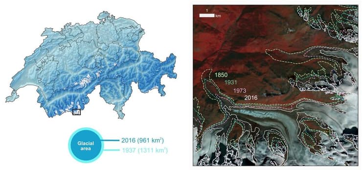 המסתו של קרחון בין 1850 ל-2016 בדרום-מערב שווייץ, על בסיס תצפיות אוויריות ולווייניות של מרכז ניטור הקרחונים בשווייץ (GLAMOS)