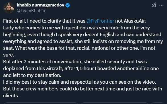 הציוץ של חביב נורמגומדוב (מתוך רשת X) הציוץ של חביב נורמגומדוב