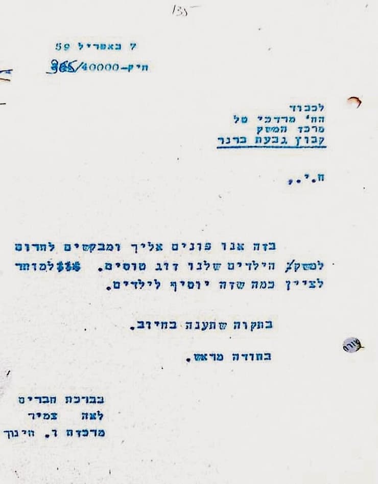 המכתב מ-1959 שבו קיבוץ ברור חיל ביקש טווסים מגבעת ברנר