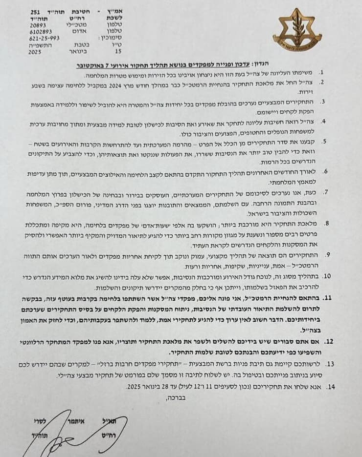 מכתב עדכון ופנייה למפקדים בנושא תהליך תחקור אירועי ה-7 באוקטובר שהופץ למפקדי צה״ל