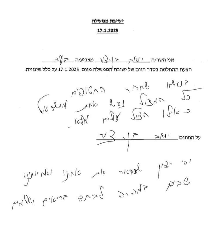 פתק ההצבעה של השר יואב בן צור פתק ההצבעה של השר יואב בן צור