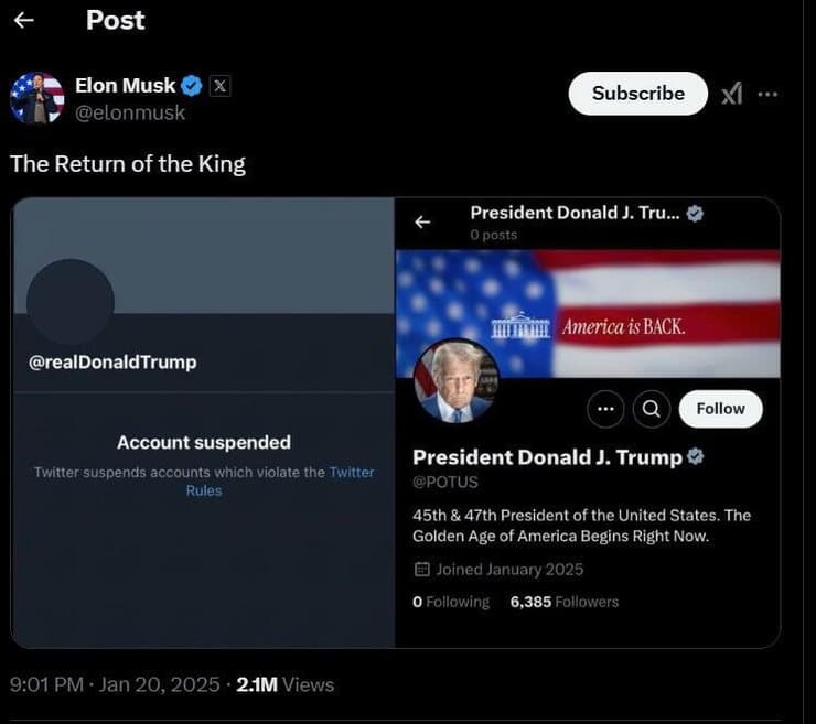 טראמפ בעמוד הרשמי של נשיא ארה"ב ב-X, וההכרזה של אילון מאסק: "המלך חזר" ציוץ X אילון מאסק