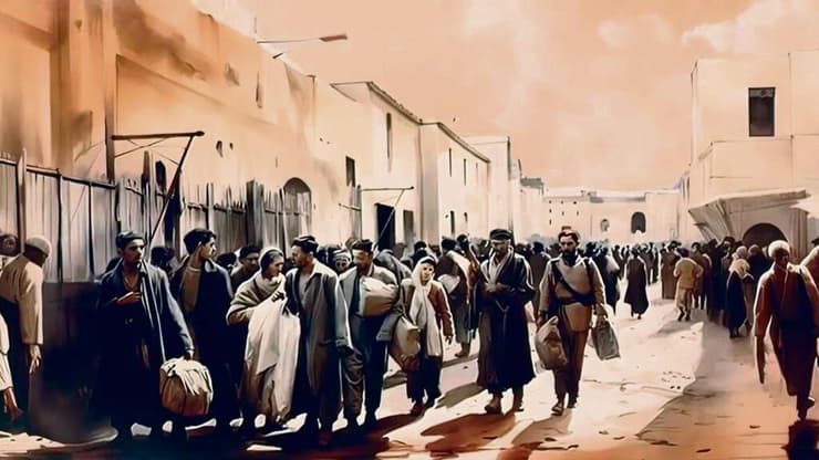 הגירוש למחנה ג'אדו בלוב, מתוך סרטון הדמייה "קולות מהמגרב"