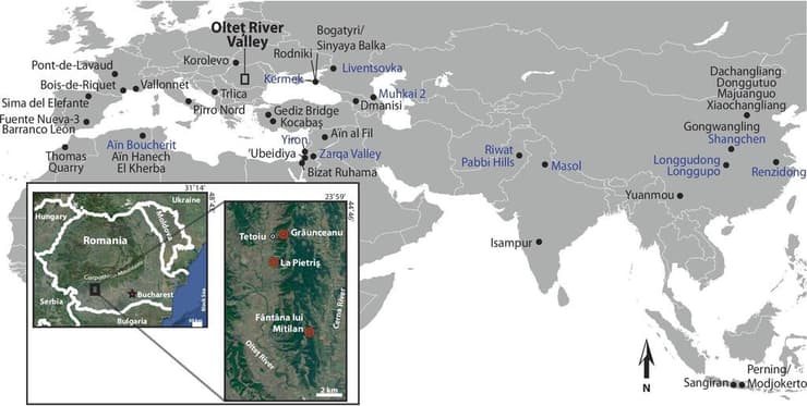 מיפוי אתרים בהם התגלו מאובנים שמעידים על התיישבות הומינינים בצפון אפריקה ובאירואסיה (מלפני מיליון שנים לפחות)
