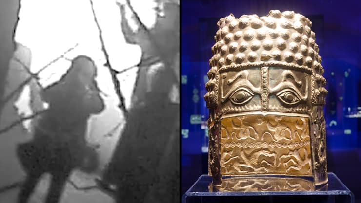 הקסדה שנגנבה והשודדים בכניסה למוזיאון (צילום: Lenush / Shutterstock) קסדה מוזהבת בת 2,500 שנה נגנבה מ מוזיאון ב הולנד