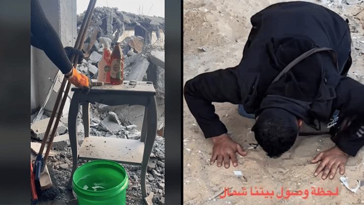 חצאים עזתים שחזרו לצפון רצועת עזה מנקים את ההרס ומנקים את האדמה