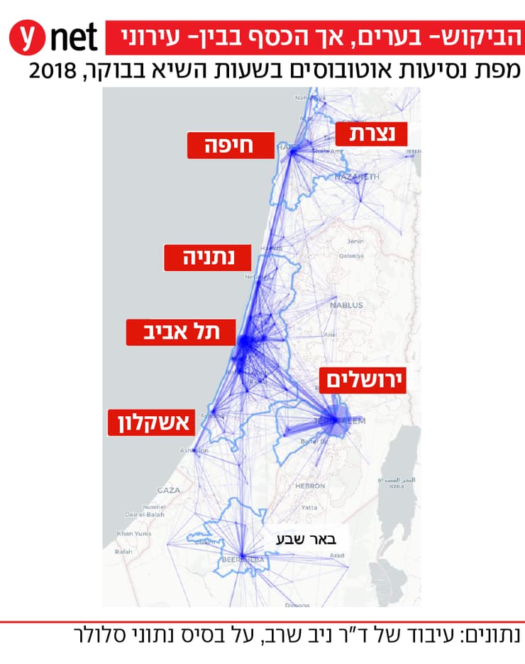 מפת נסיעות אוטובוסים בשעות השיא בבוקר, 2018