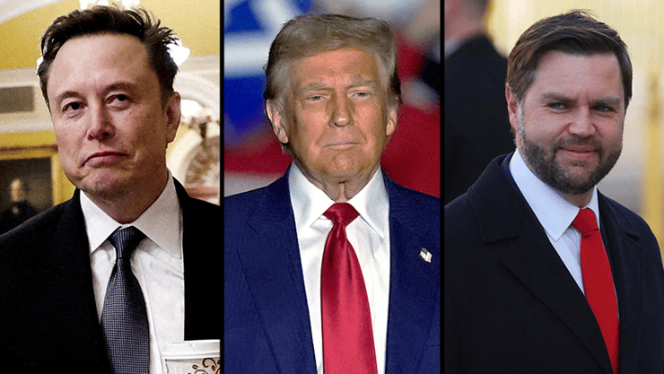 ואנס, טראמפ ומאסק. מתקפה נגד בתי המשפט (צילום: SCOTT OLSON / GETTY IMAGES NORTH AMERICA / AFP, AP / Carlos Osorio, רויטרס / REUTERS / Benoit Tessier) ג'יי. די. ואנס, דונלד טראמפ, אילון מאסק