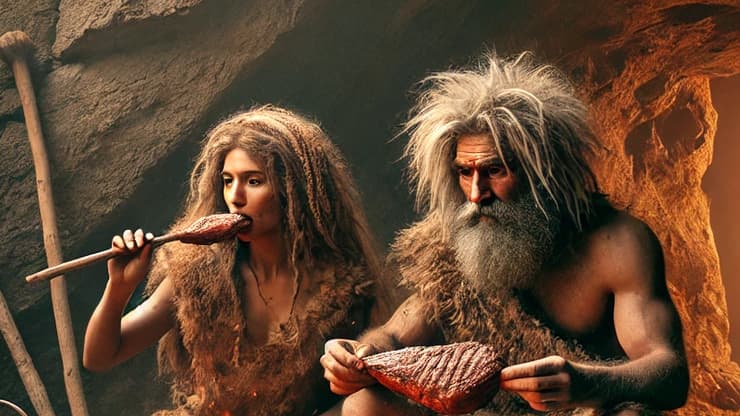 אנשי מערות אוכלים בשר (איור: נוצר באמצעות בינה מלאכותית) אנשי מערות אוכלים בשר