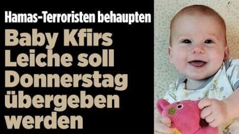 הכותרת ב"בילד" הגרמני סיקור ב כלי תקשורת בעולם על הודעת חמאס בנוגע להחזרת שירי וילדיה כפיר ו אריאל ביבס בפעימת החטופים החללים בעסקה