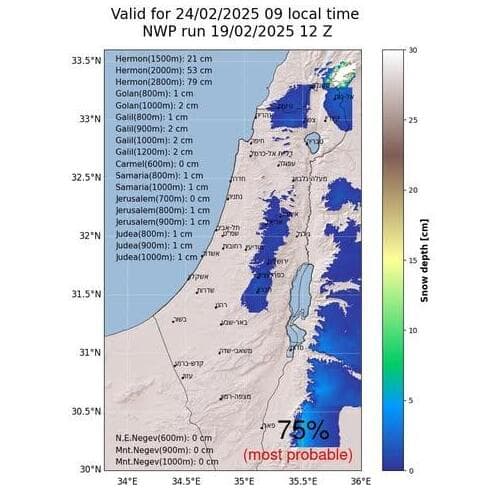 צפי הצטברות שלג הרי מרכז צפון חרמון תחזית קורל סופה