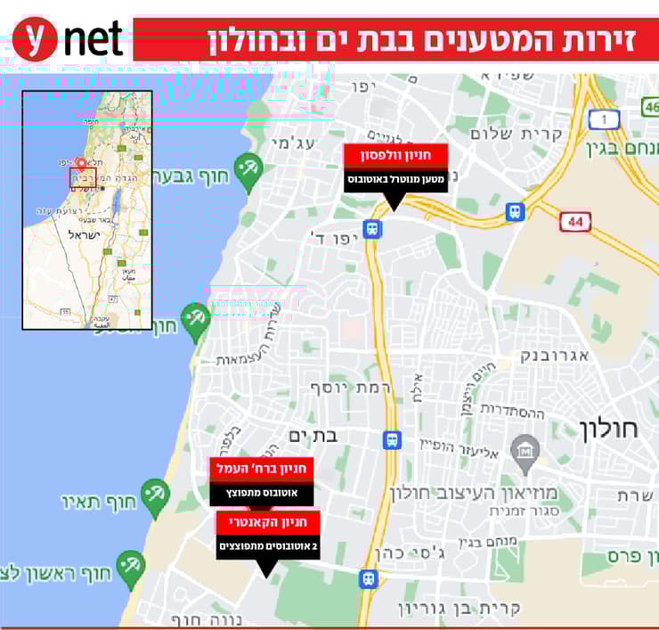 מפה זירות המטענים שאותרו באזורי חולון ובת ים