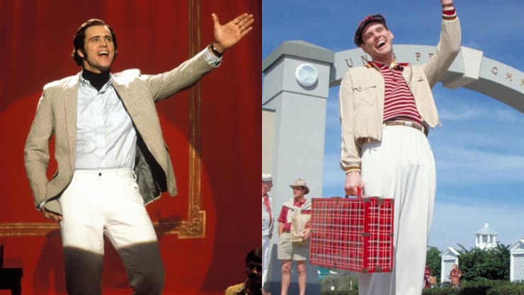 אה...אוהב לגלם דמויות שמניפות את היד? ג'ים קארי ב"המופע של טרומן" (מימין), וב"איש על הירח" (צילום: באדיבות yes) מימין "המופע של טרומן", "איש על הירח"