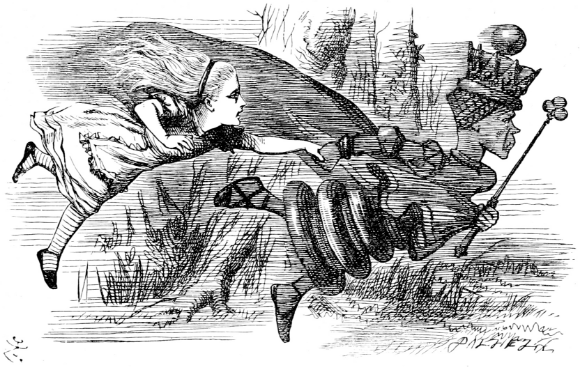 "כאן, לעומת זאת, עלייך לרוץ הכי מהר שאת יכולה, כדי להישאר באותו המקום". המלכה האדומה ואליס רצות 