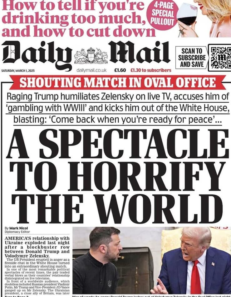 שער עיתון הדיילי מייל מציג את הויכוח בין טראמפ לזלנסקי 