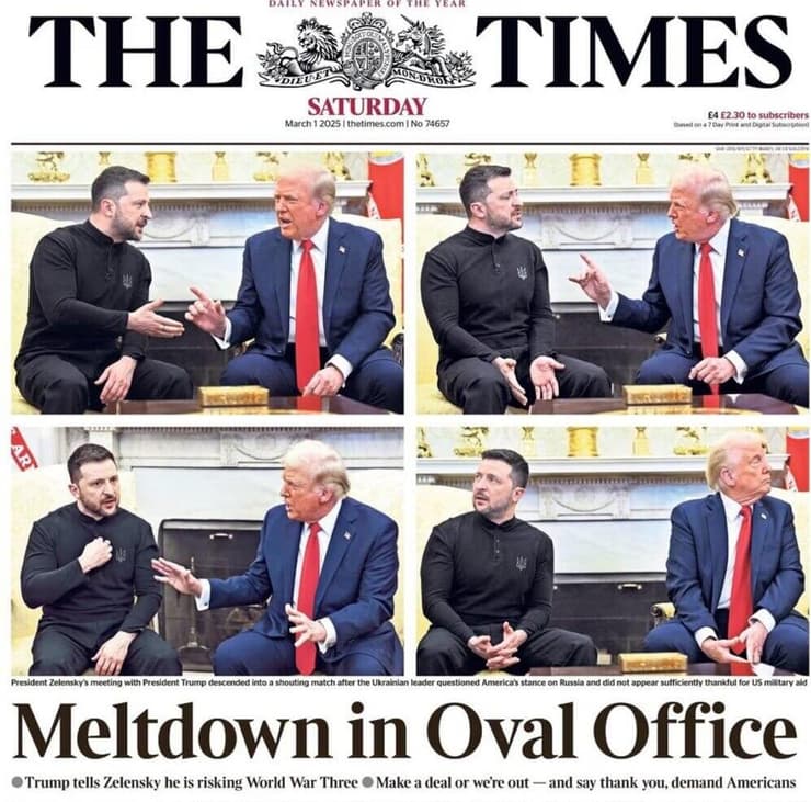 שער עיתון ה- Times מציג את הויכוח בין טראמפ לזלנסקי 