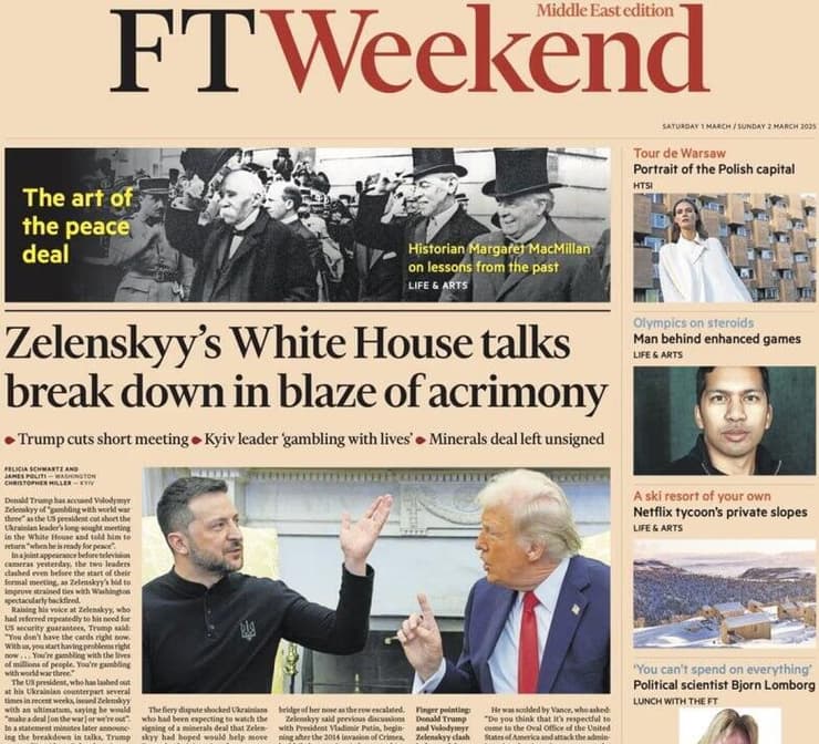 שער עיתון ה- FTweekend מציג את הויכוח בין טראמפ לזלנסקי 