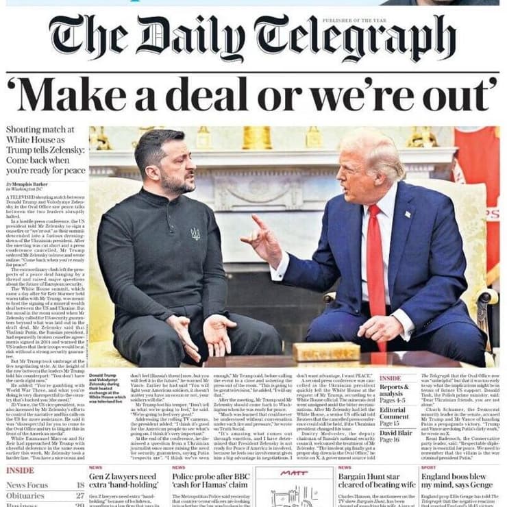 שער עיתון ה- daily telegraph מציג את הויכוח בין טראמפ לזלנסקי 