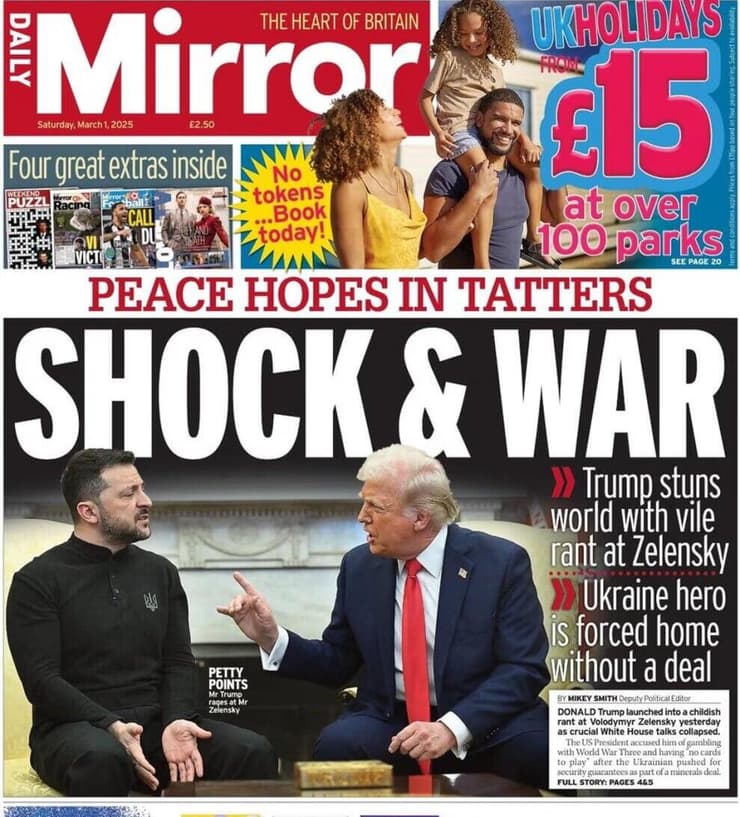 שער עיתון mirror מציג את הויכוח בין טראמפ לזלנסקי 