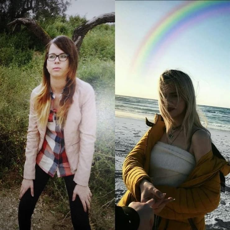 מאחורי המסכות הסתתרה ילדה פצועה וכאובה. משמאל: קאלי לפני השינוי החיצוני. מימין: בגיל 15   