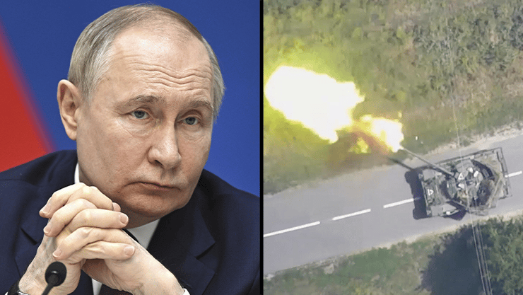 רוסיה טנק של צבא אוקראינה יורה ב מחוז קורסק תיעוד מהאוויר