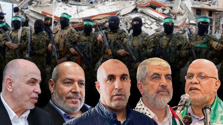 מימין: ניזאר עוודאללה, חאל משעל, זאהר ג'בארין, חליל אל-חיה, מוחמד דרוויש (צילום: REUTERS/Ramadan Abed
, רויטרס/REUTERS/Hatem Khaled, Osama Faisal, Khalil Hamra, AP / רויטרס / Iran's Presidential website/WANA (West Asia News Agency)/Handout via REUTERS) מחבלי חמאס באיזור שחרור החטופים בעזה, ניזאר עוודאלה, חאלד משעל, זאהר ג'בארין, חליל אל-חיה, מוחמד דרוויש