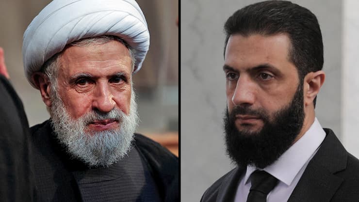 נשיא סוריה אל-ג'ולאני ומנהיג חיזבאללה קאסם 