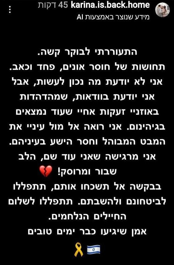 קרינה ארייב בסטורי באינסטגרם על החזרה ללחימה