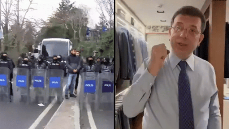 אימאמאולו בתיעוד שפרסם לפני מעצרו, והשוטרים שהתאספו מחוץ לביתו. התביעה טוענת: "סייע ל-PKK" שוטרים ב איסטנבול טורקיה מחוץ לביתו של ראש העיר אכרם אימאמאולו שנעצר