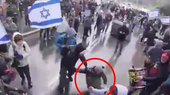 יאיר גולן נדחף על ידי שוטר ונופל על הרצפה בהפגנה בירושלים