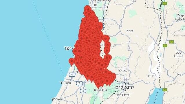  מפת האזעקות בשרון והשפלה בעקבות טיל ששוגר מתימן