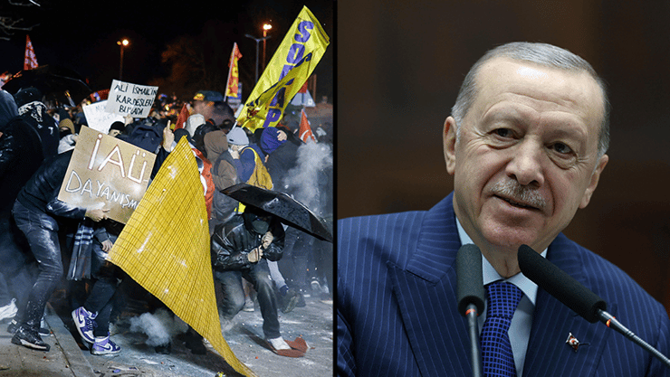 ארדואן והעימותים אמש באיסטנבול (צילום: Mustafa Kamaci/Turkish Presidential Press Office/Handout via REUTERS) טורקיה איסטנבול הפגנות הפגנה מחאה על מעצר ראש העיר