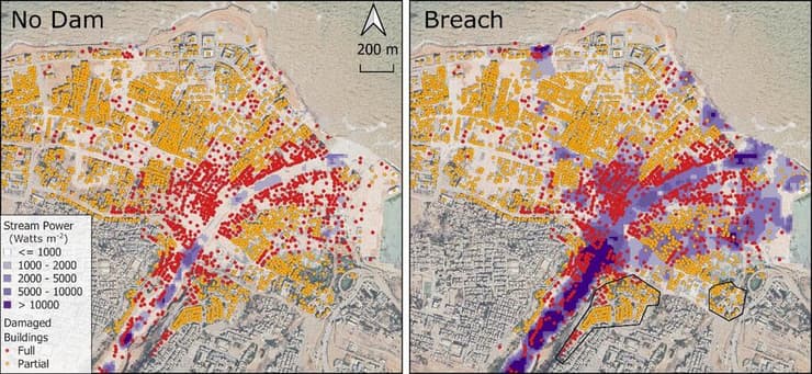 תוצאות סימולציות הידראוליות של השיטפון בדרנה כתוצאה מקריסת הסכרים (ימין) ובתרחיש ללא סכרים במעלה העיר (שמאל). צבע סגול כהה יותר מעיד על עוצמת שיטפון חזקה יותר. ניתן לראות שקריסת הסכרים יצרה שיטפון עוצמתי שהכה בשטחים נרחבים בעיר והביא להרס מבנים רב (נקודות אדומות). שיטפון הסופה "דניאל" ללא סכרים היה מציף גם הוא חלקים בעיר, אך באופן מצומצם. בנוסף, עוצמות השיטפון הגבוהות היו מוגבלות לתעלה החוצה את העיר