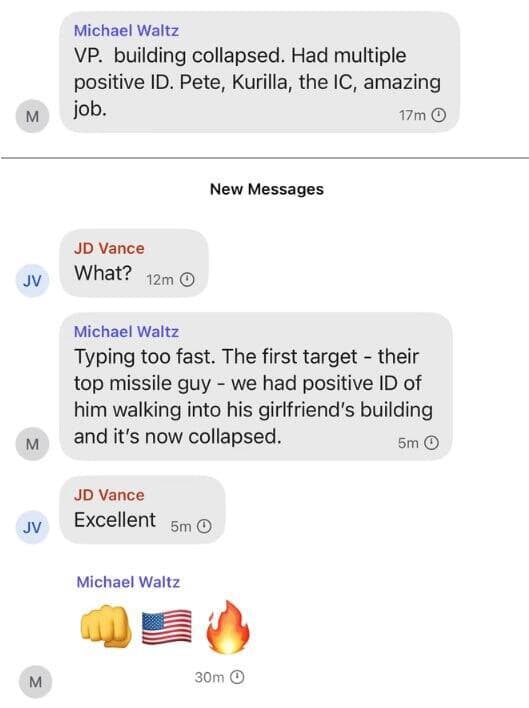צ'אט סודי של בכירי ממשל טוראמפ על תקיפות ב תימן נגד החות'ים עם עדכון של מייק וולץ היועץ לביטחון לאומי על קריסת בניין כנראה ב צנעא