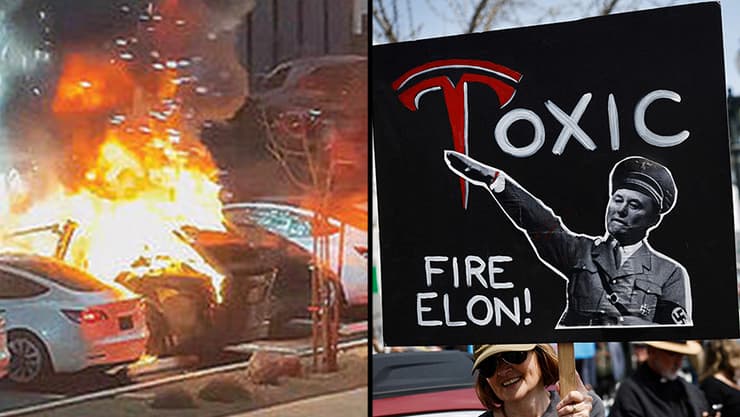 29 במרץ הפגנה נגד חברת טסלה ו אילון מאסק ב פסדינה קליפורניה ארה"ב