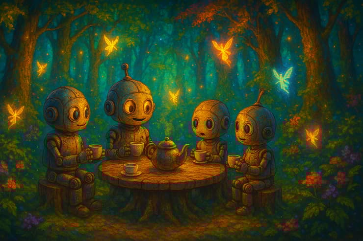 רובוטים שותים תה ביער פיות (ChatGPT) רובוטים שותים תה ביער פיות