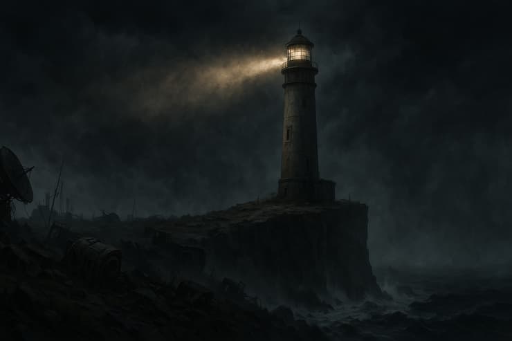 מגדלור בודד, עולם פוסט-אפוקליפטי ואור חותך בחשיכה (ChatGPT) תמונת המגדלור שיצר ChatGPT