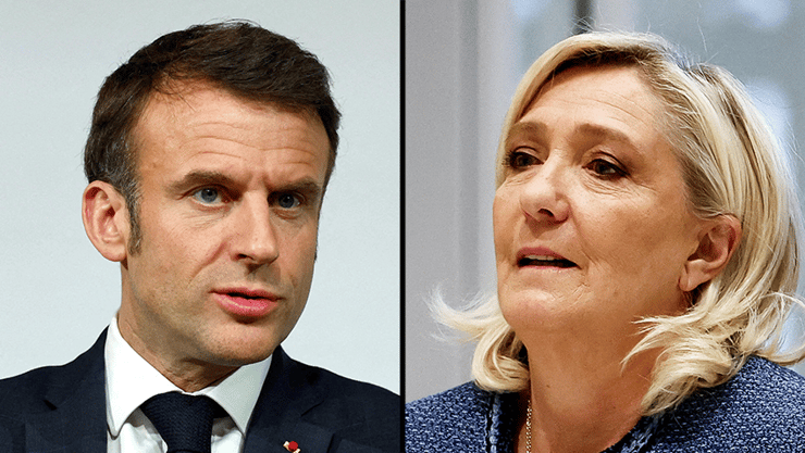 לה פן, הפייבוריטית לקראת בחירות 2027, והנשיא מקרון (צילום: REUTERS/Abdul Saboor, GONZALO FUENTES / POOL / AFP) מרין לה פן עמנואל מקרון