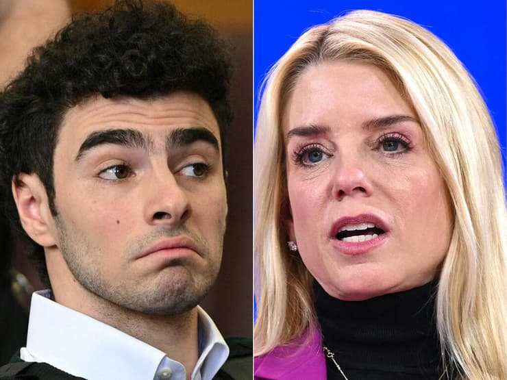 הרוצח מנג'יוני והתובעת הכללית בונדי (צילום: Curtis Means and SAUL LOEB / various sources / AFP) הרוצח לואיג'י מנג'יוני והתובעת הכללית פמלה בונדי ארה"ב ניו יורק