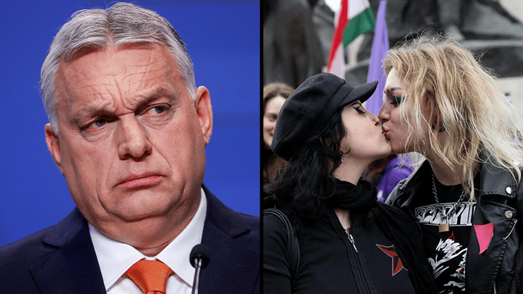 אורבן ומפגינות שהתנשקו בהפגנה היום מחו לפרלמנט בבודפשט נגד צעדי החקיקה החדשים (צילום: REUTERS/Bernadett Szabo) הפגנה מחוץ לפרלמנט ב בודפשט הונגריה נגד שינויים בחוקה שיפגעו בזכויות להט"ב