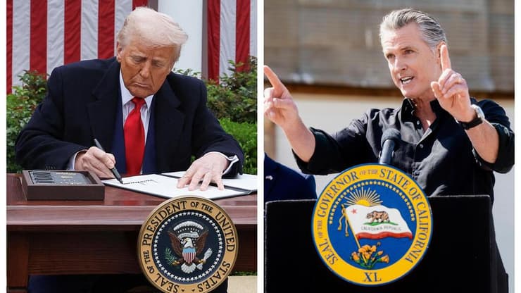 ניוסום במסיבת העיתונאים, אתמול (מימין) וטראמפ בעת חתימה על הצו הנשיאותי המורה על תוכנית המכסים