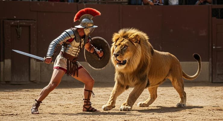 הדמיה של קרב בין גלדיאטור לאריה (איור: Shutterstock AI) הדמיה של קרב בין גלדיאטור לאריה