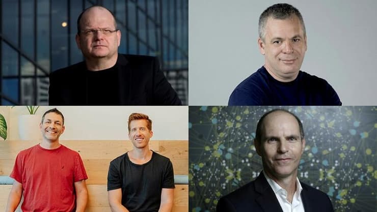 מימין למעלה: אבישי אברהמי, מייסד וויקס, גיל שויד, מייסד צ'ק פוינט, אודי מוקדי, מייסד Cyberark, רועי מן וערן זינמן, מייסדי מאנדיי