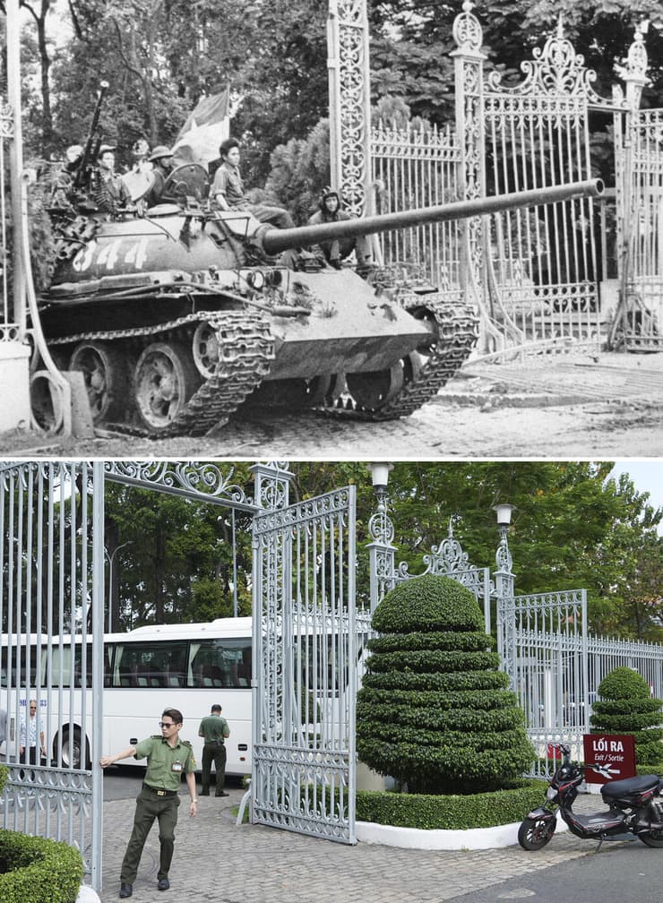 השילוב הזה של תמונות מציג טנקים של המורדים שעצרו מול ארמון הנשיאות בסייגון, וייטנאם, ב-3 בנובמבר 1963 במהלך הפיכה שהובילה לנפילתם ולמותם של נשיא דרום וייטנאם נו דין דיאם ואחיו נו דין נו (למעלה), ואת אותו מיקום בעיר הו צ'י מין ב-18 באפריל 2025 (צילום: AP Photo/Thanh Hue) השילוב הזה של תמונות מציג טנקים של המורדים שעצרו מול ארמון הנשיאות בסייגון, וייטנאם, ב-3 בנובמבר 1963 במהלך הפיכה שהובילה לנפילתם ולמותם של נשיא דרום וייטנאם נו דין דיאם ואחיו נו דין נו (למעלה), ואת אותו מיקום בעיר הו צ'י מין ב-18 באפריל 2025