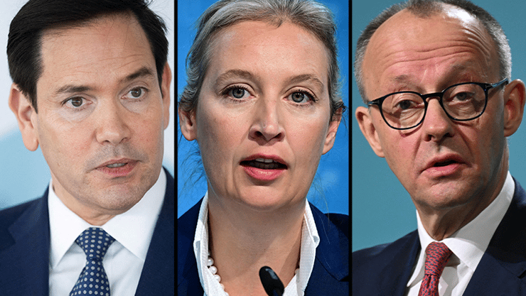 הקנצלר הנכנס מרץ, מנהיגת AfD ויידל ומזכיר המדינה רוביו (צילום: Ina FASSBENDER / AFP / Tobias SCHWARZ / SAUL LOEB/Pool via REUTERS / רויטרס) שלישים אליס ויידל פרידריך מרץ מרקו רוביו