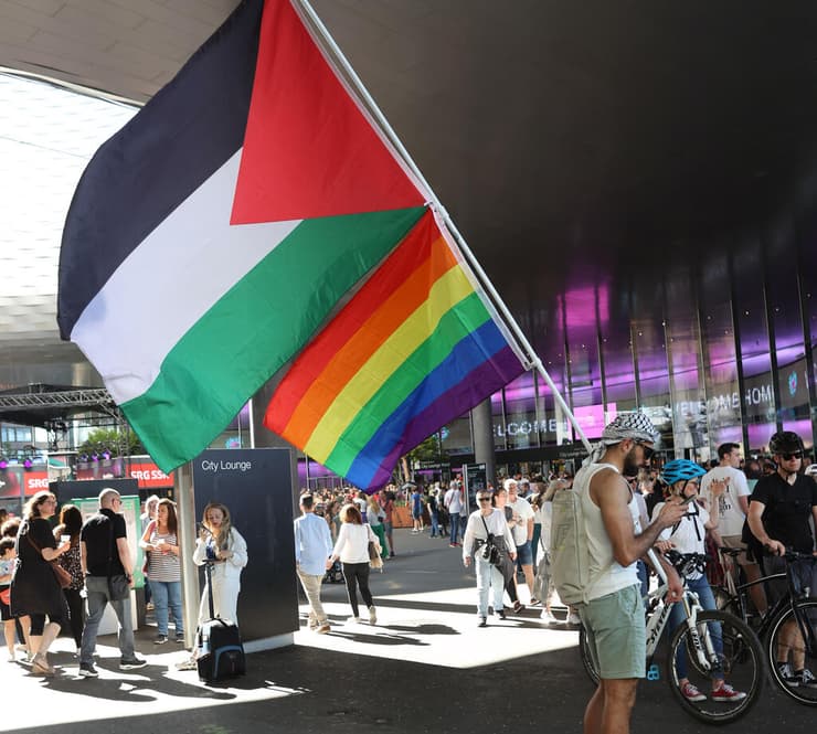 מחאה פרו-פלסטינית בבאזל, אירוויזיון 2025 (צילום: גיל נחושתן) מחאה פרו-פלסטינית בבאזל, אירוויזיון 2025