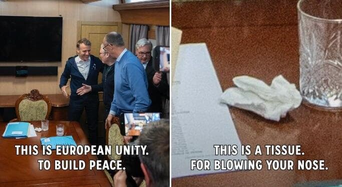 נשיא צרפת עמנואל מקרון קנצלר גרמניה פרידריך מרץ ראש ממשלת בריטניה קיר סטרמר ב רכבת ל קייב פייק ניוז סמים