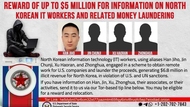 מבוקשים: מודעה של משרד המשפטים האמריקאי, הקוראת למידע על המתחזים מצפון-קוריאה