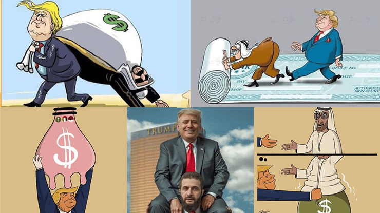"ארה"ב לוקחת כסף מהערבים ונותנת לישראל". הקריקטורות נגד טראמפ בציר השיעי-איראני קריקטורות שיצרו מתנגדי משטר א-שרע בסוריה שתיארו אותו ב כמי שמתרפס על נשיא ארה"ב
